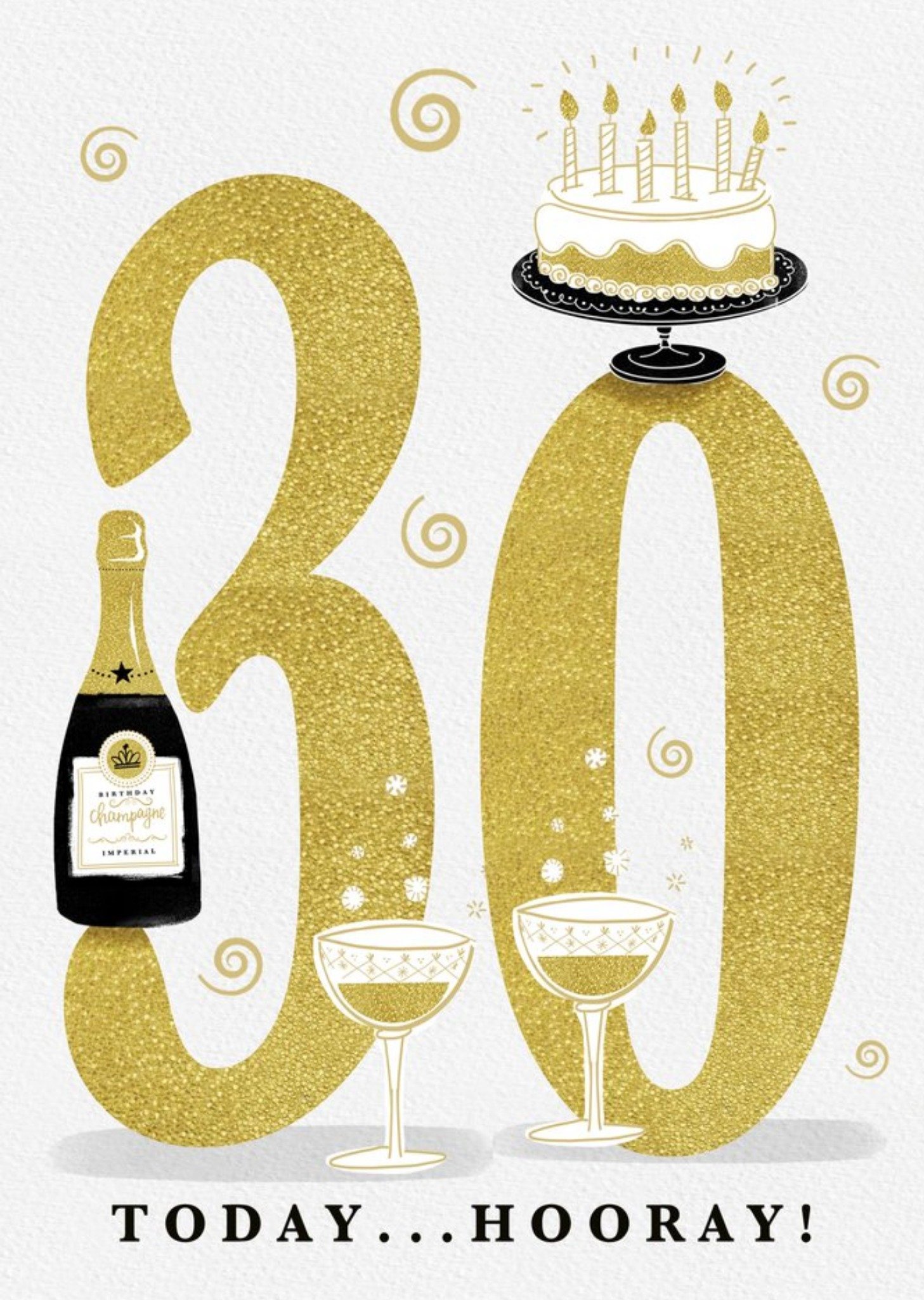 Moonpig Large Golden Number With Illustrations Of Cake And Wine Thirtieth Birthday Card