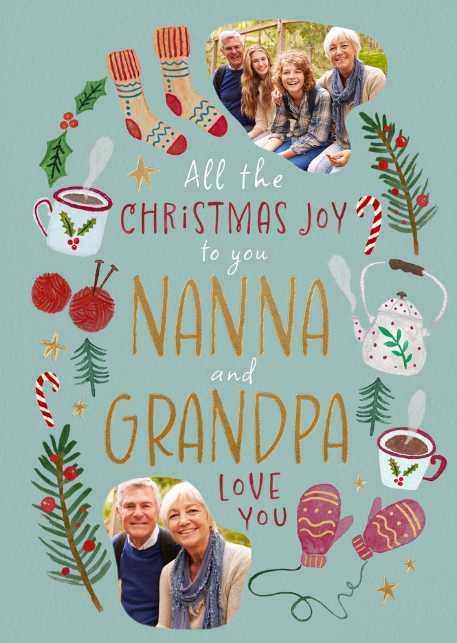 Moonpig Christmas Joy To Nanna And Grandpa Illustrated Photo Upload Card