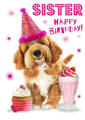 Cute Dog With Cupcake Sister Birthday Card