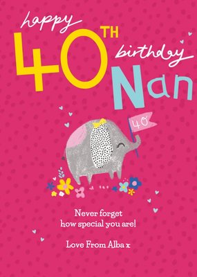 Clintons Nan Bright Illustrated Elephant 40th Birthday Card