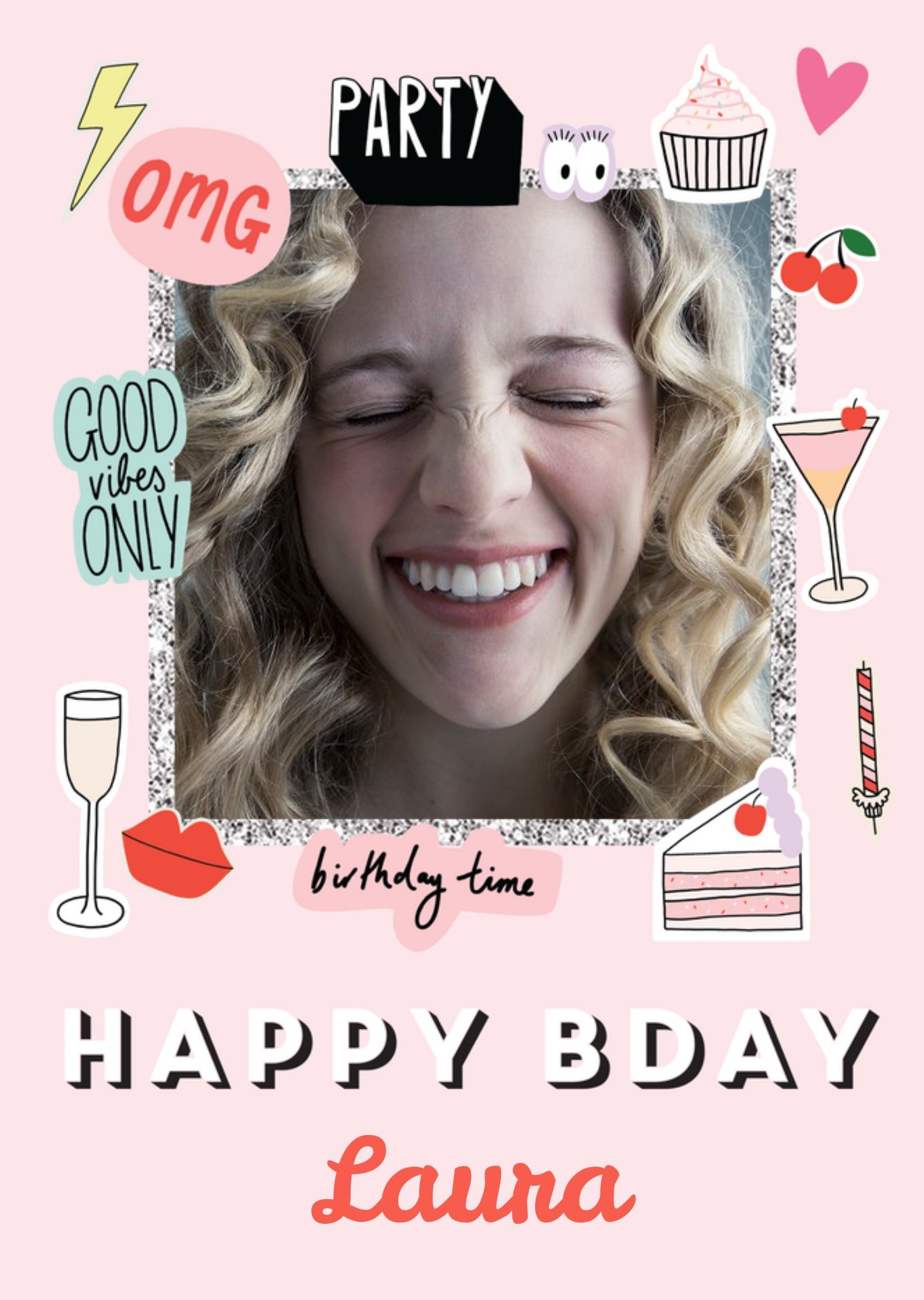 Moonpig Happy Bday Fun Modern Photo Upload Card - Stickers Emojis