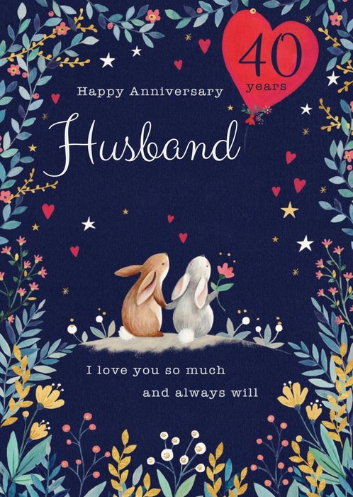 Cute Illustrated Rabbit Woodlands Customisable 40th Anniversary Card