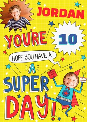 Bright Colourful Illustrated Super Hero Photo Upload Birthday Card