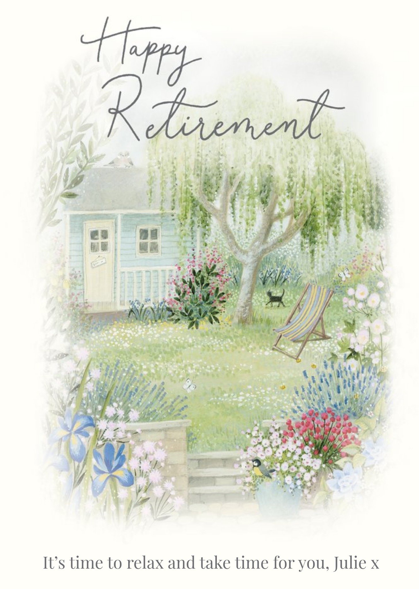 Moonpig Illustration Of A Garden Filled With Flowers Happy Retirement Card