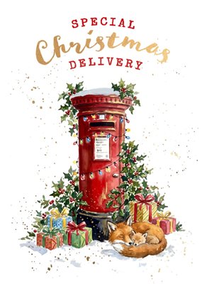 Special Christmas Delivery Watercolour Postbox And Foxes Card