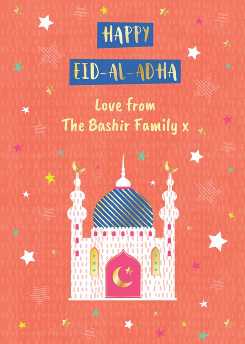 Davora Happy Eid Al Adha  Illustrated Mosque And Stars Eid Al Adha Card