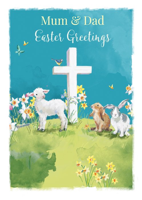 Ling Design Mum And Dad Easter Greetings Watercolour Lamb Rabbits And Cross Easter Card