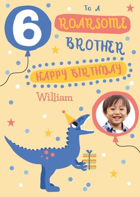 Blue Dinosaur Brother 6th Birthday Photo Upload Card