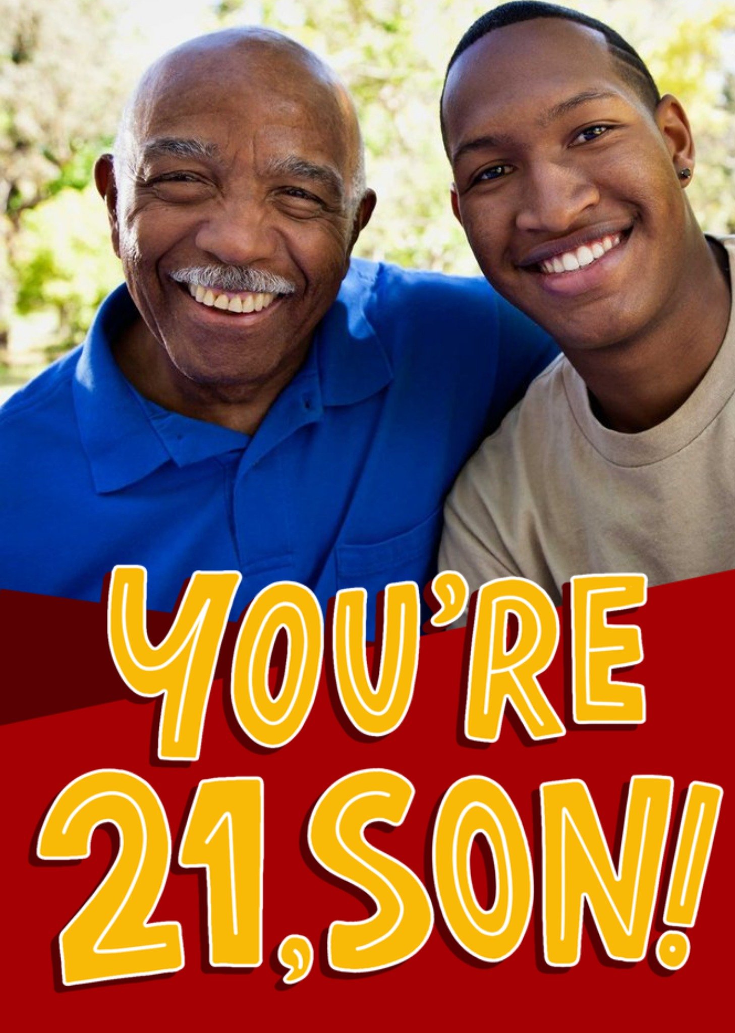 Moonpig Bold Yellow Typography On A Red Banner Son's Twenty First Photo Upload Birthday Card