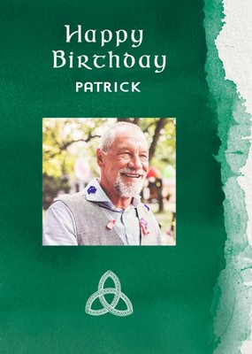 Pigment Green Watercolour Photo Upload Celtic Happy Birthday Birthday Card