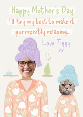 Trading Faces Purrrfectly Relaxing Illustrated Towel Head Wraps And Bathroom Robes Photo Upload Mother's Day Card