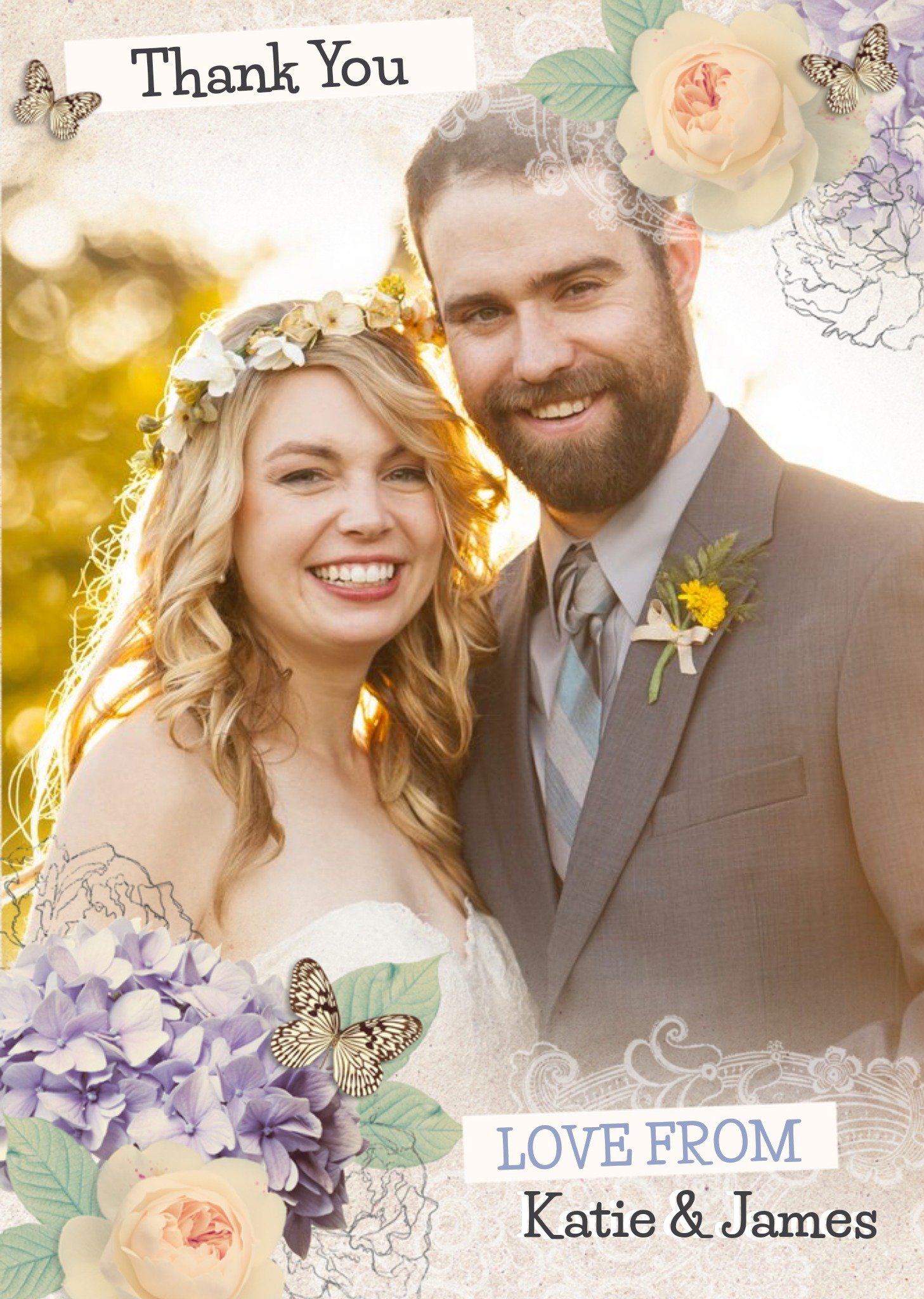 Moonpig Roses And Butterflies Personalised Photo Upload Thank You Wedding Day Card