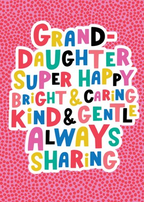 Granddaughter Colourful Typography Birthday Card