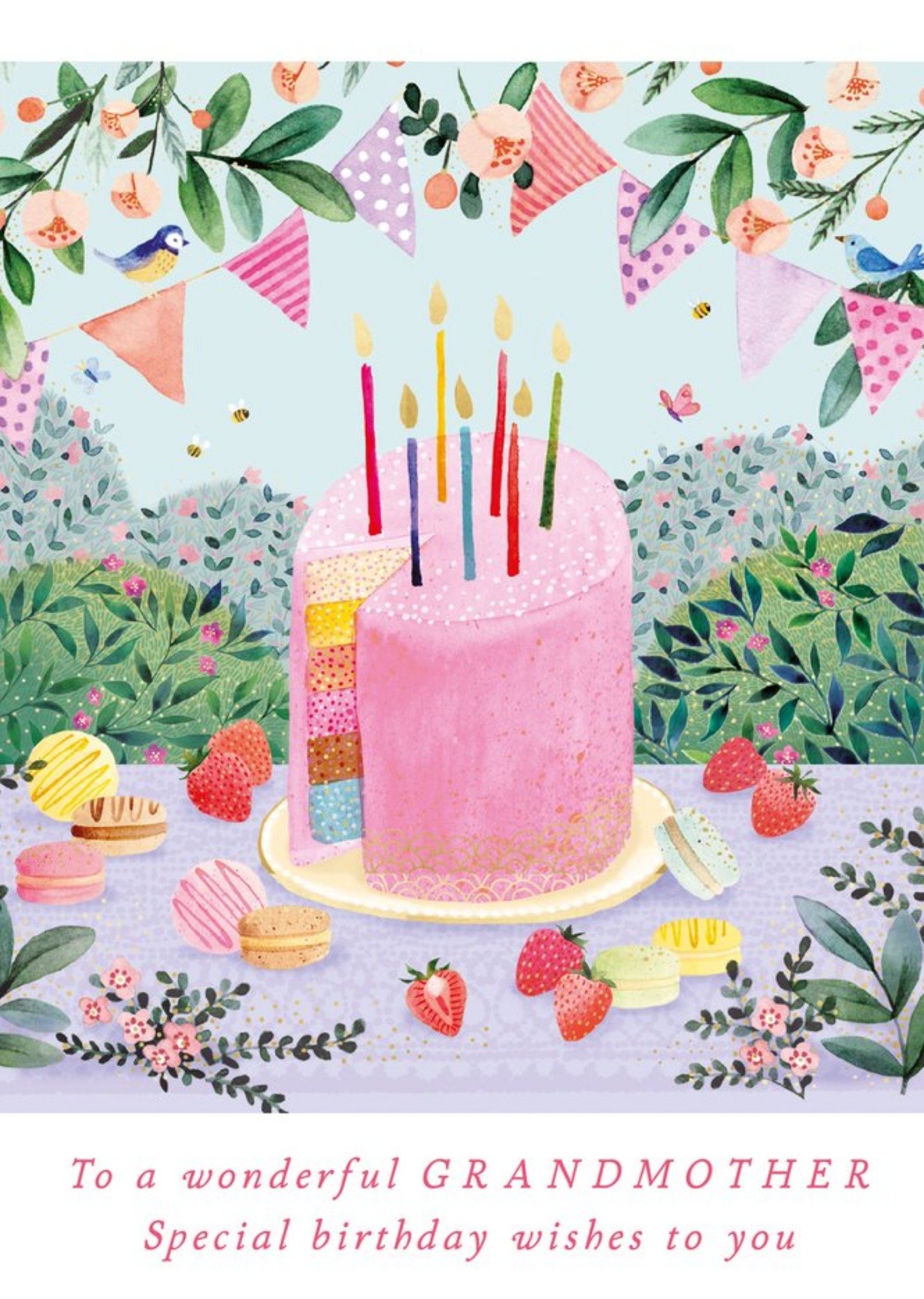 Moonpig Pretty Illustrated Birthday Cake And Flowers Grandmother Birthday Card