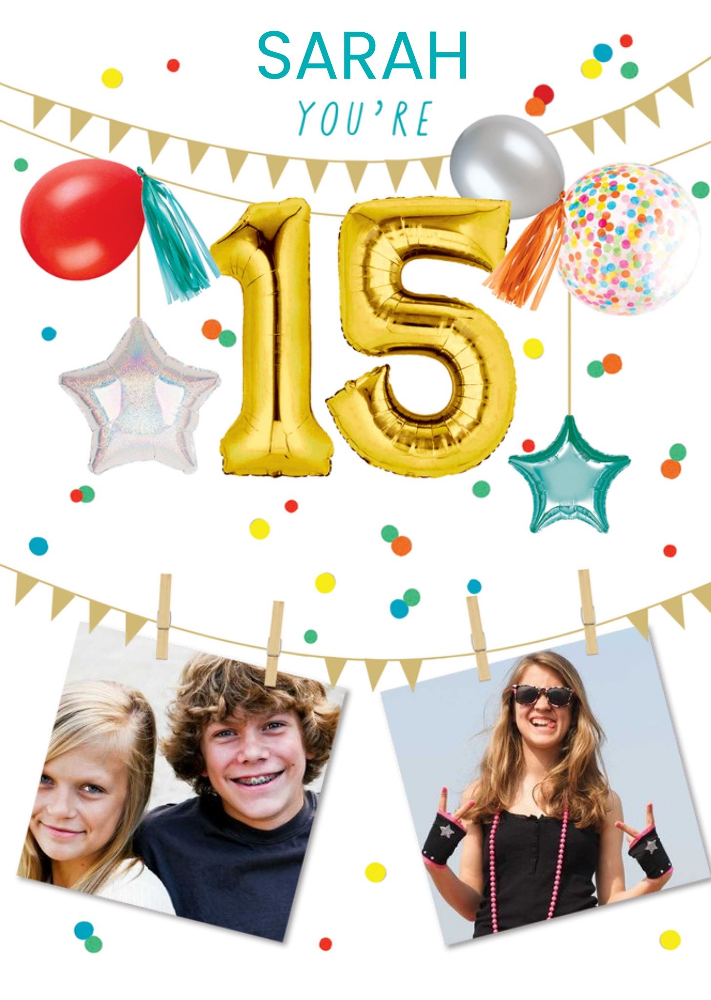 Moonpig Party Themed Display Of Balloons With Two Photo Uploads Fifteenth Birthday Card