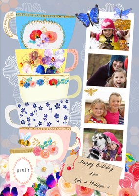 Bright Colours And Gorgeous Printed Tea Cups Personalised Photo Card