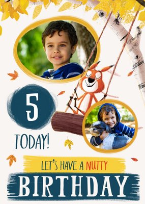 Let's Have A Nutty Birthday 5 Today Illustrated Squirrel On A Swing Photo Upload Birthday Card