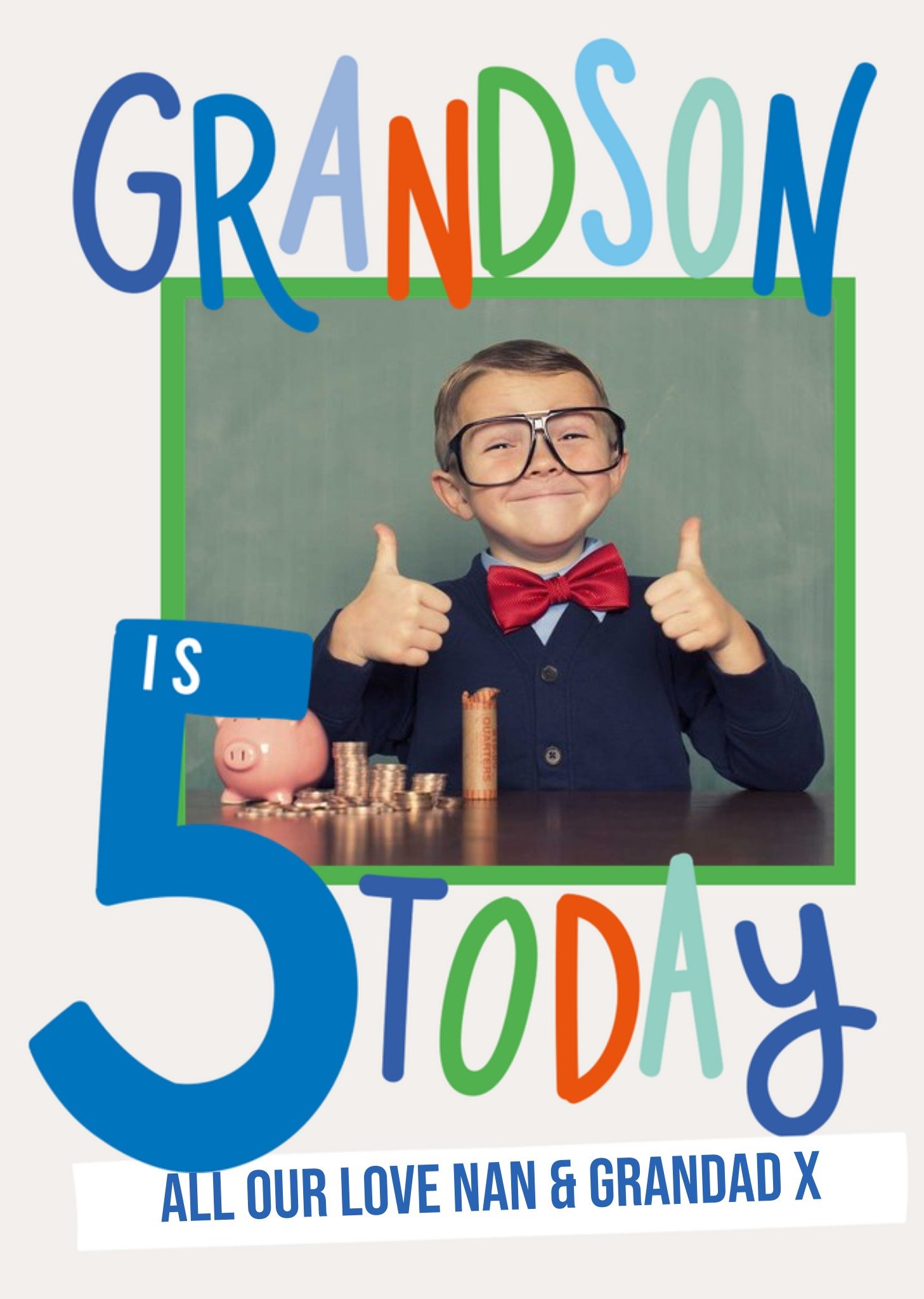 Moonpig Colourful And Fun Typography Grandson's Fifth Photo Upload Birthday Card