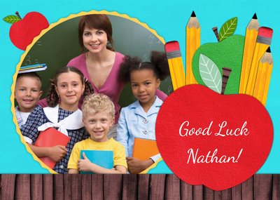 Apple On School Desk Personalised Photo Upload Good Luck Card