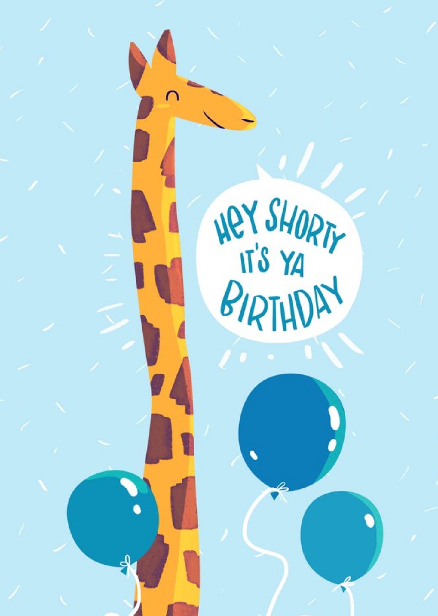 Moonpig Illustration Of A Giraffe With Balloon On An Blue Background Hey Shorty Birthday Card