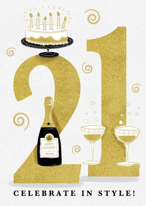 Large Golden Number With Illustrations Of Cake And Wine Twenty First Birthday Card