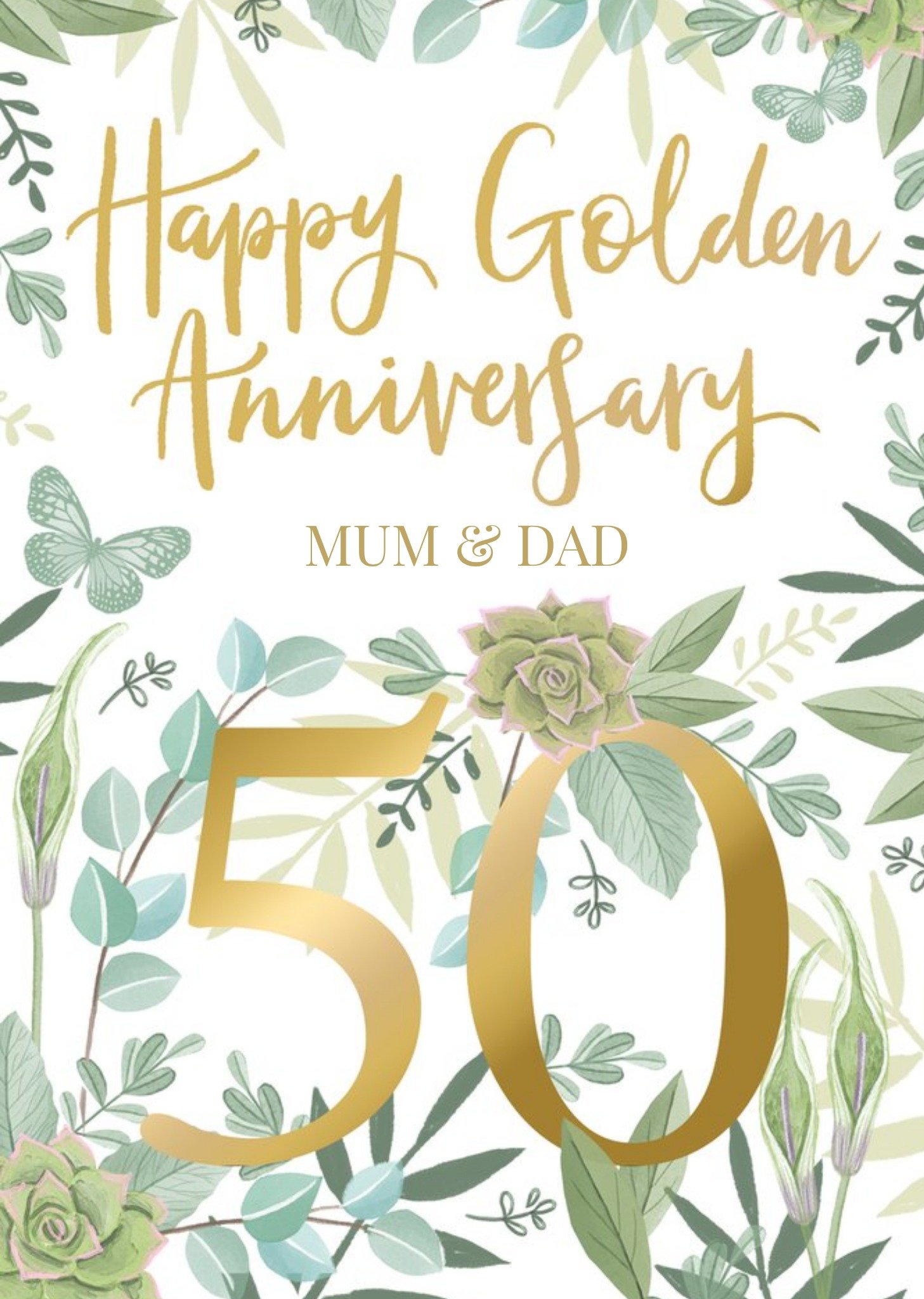 Moonpig Okey Dokey Design Green Floral Pattern Golden Anniversary Customisable Card