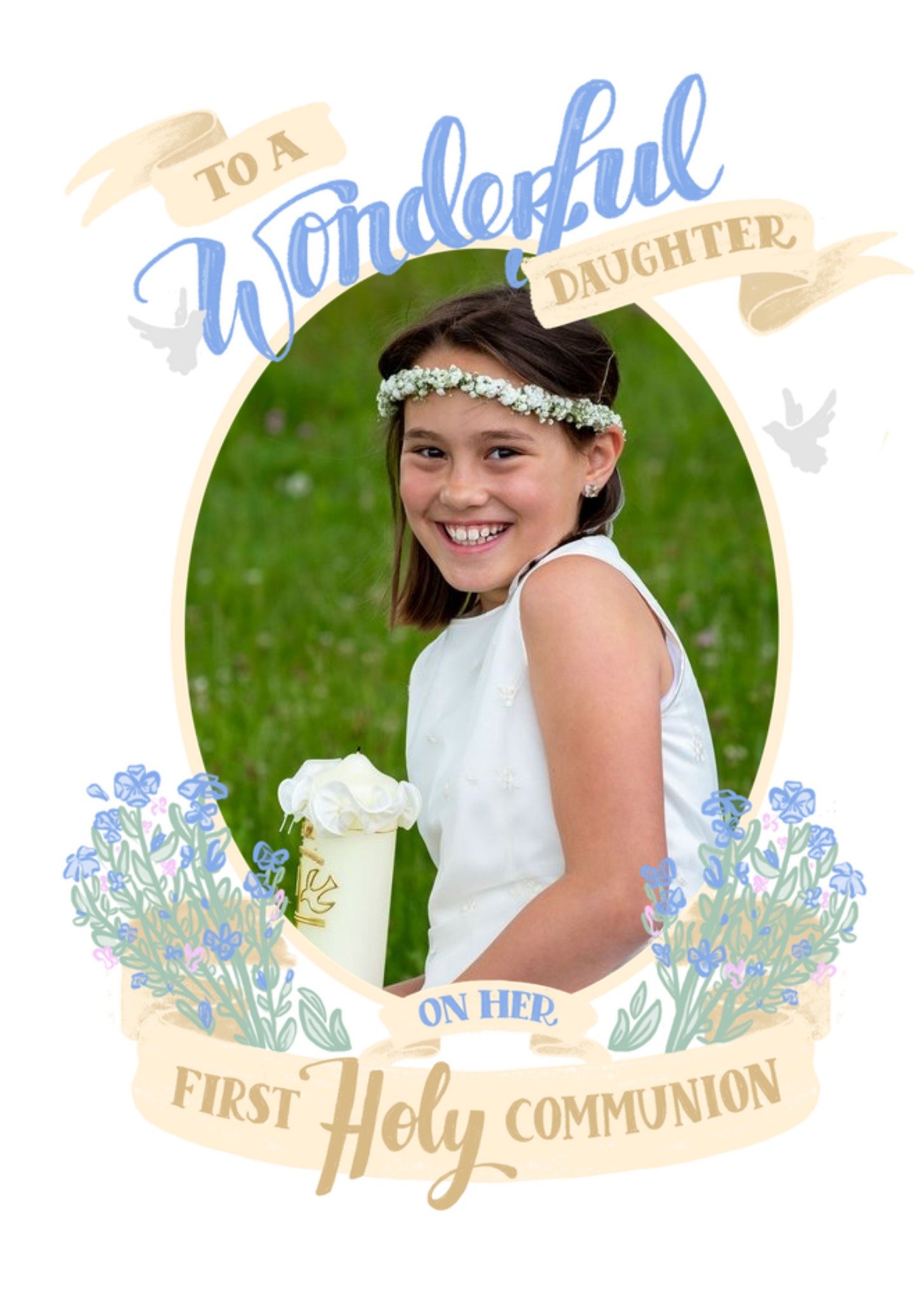 Moonpig Banners And Flowers Wonderful Daughter First Holy Communion Photo Upload Card