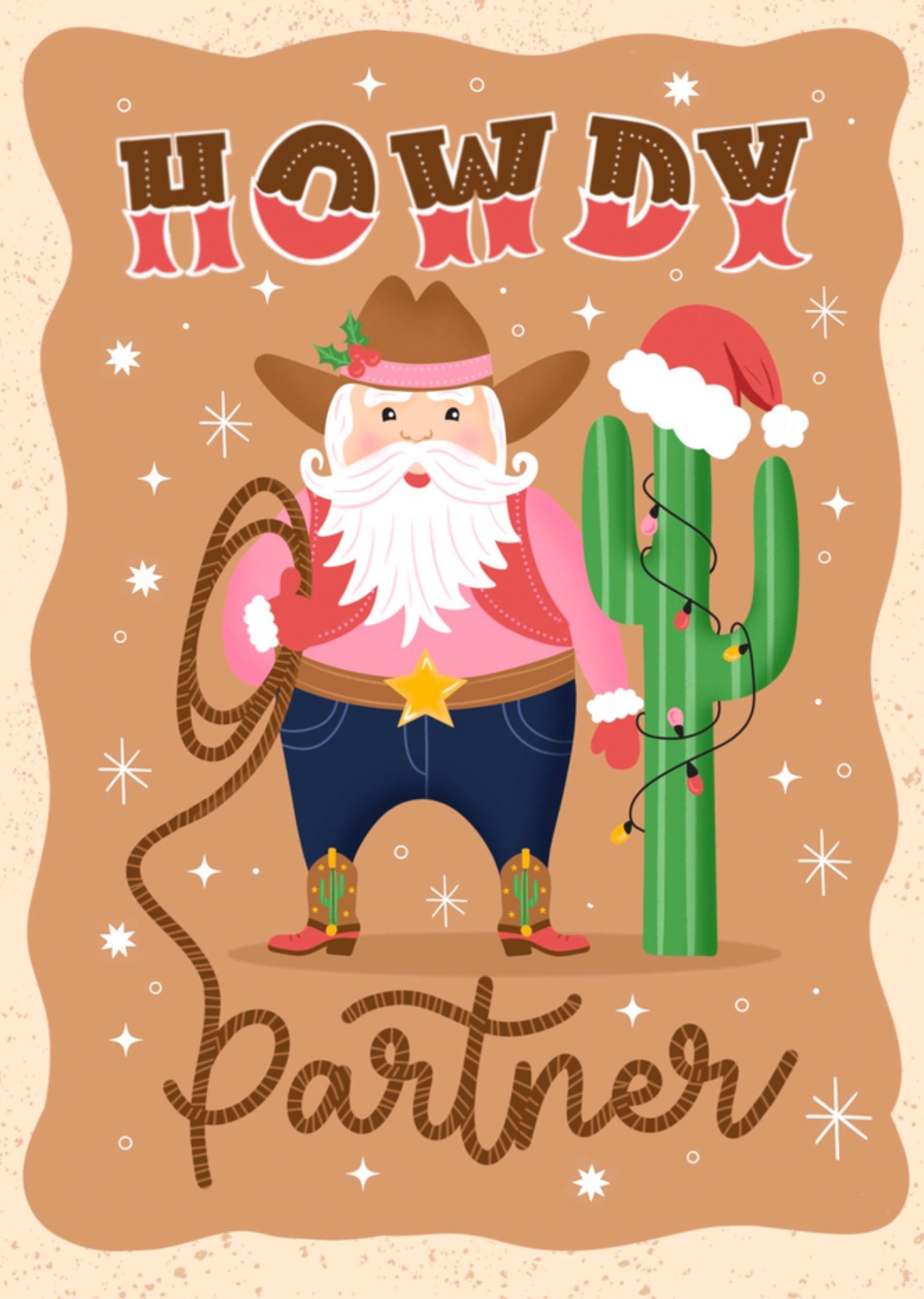 Moonpig Howdy Partner Illustrated Cowboy Santa Christmas Card