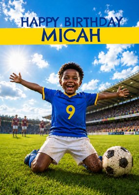 Celebrating Boy Football Player In Blue Shirt Face Swap Birthday Card