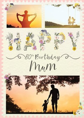 Clintons Illustration Floral Photo Upload 80th Birthday Milestone Card