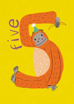 Cute No 5 Monkey Illustrated Birthday Card