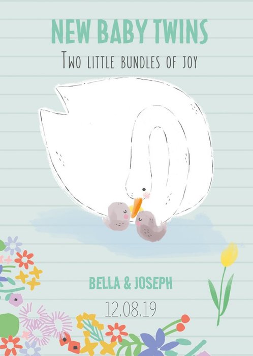 Cute Parent and Baby Swan Twins Two Little Bundles Of Joy New Baby Card