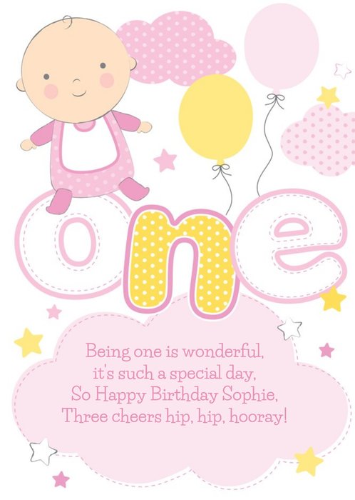 Clouds And Stars Yellow And Pink Personalised Happy 1st Birthday Card