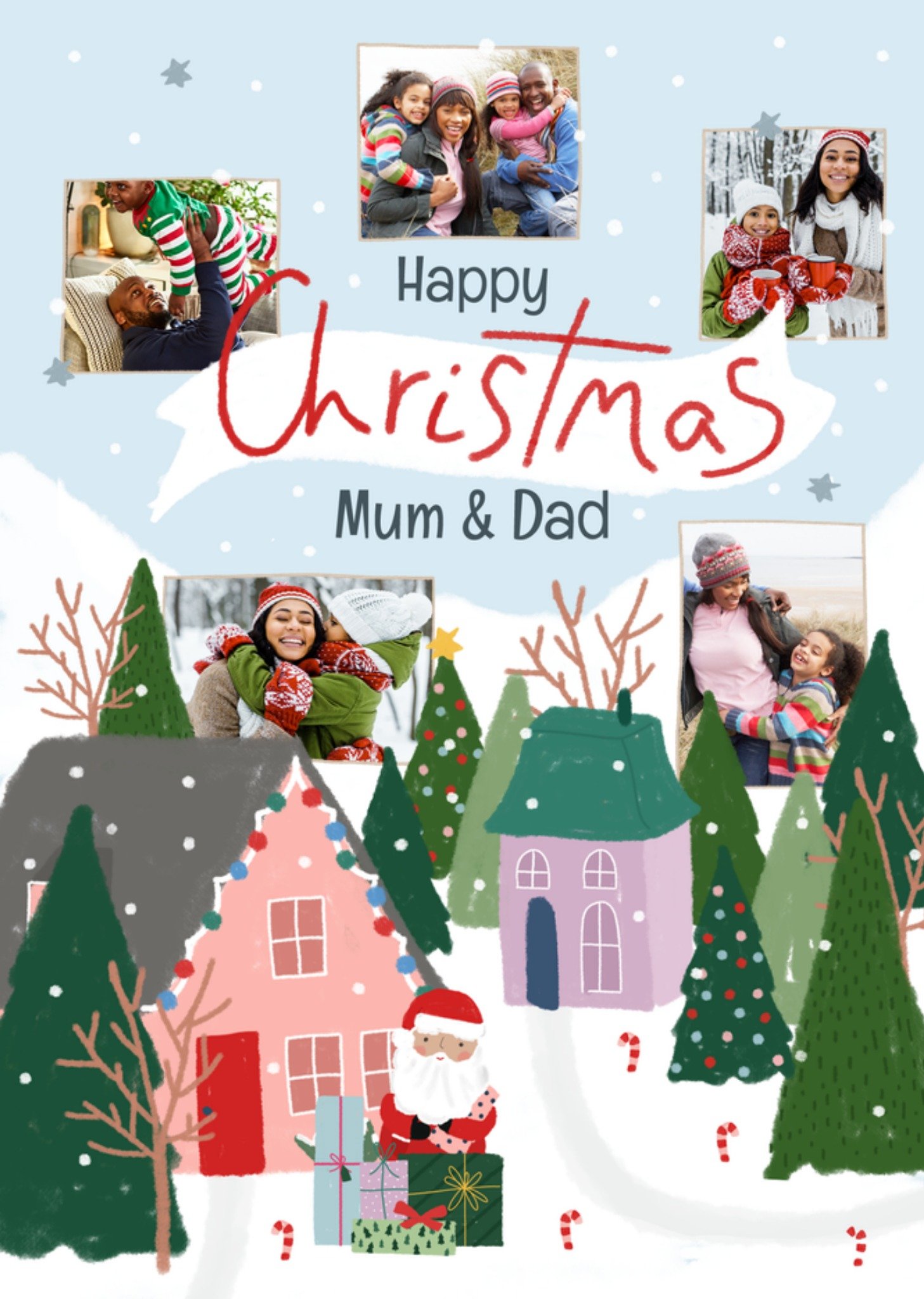 Moonpig Pleasant Wintertime Houses With Santa Claus And Presents Photo Upload Christmas Card