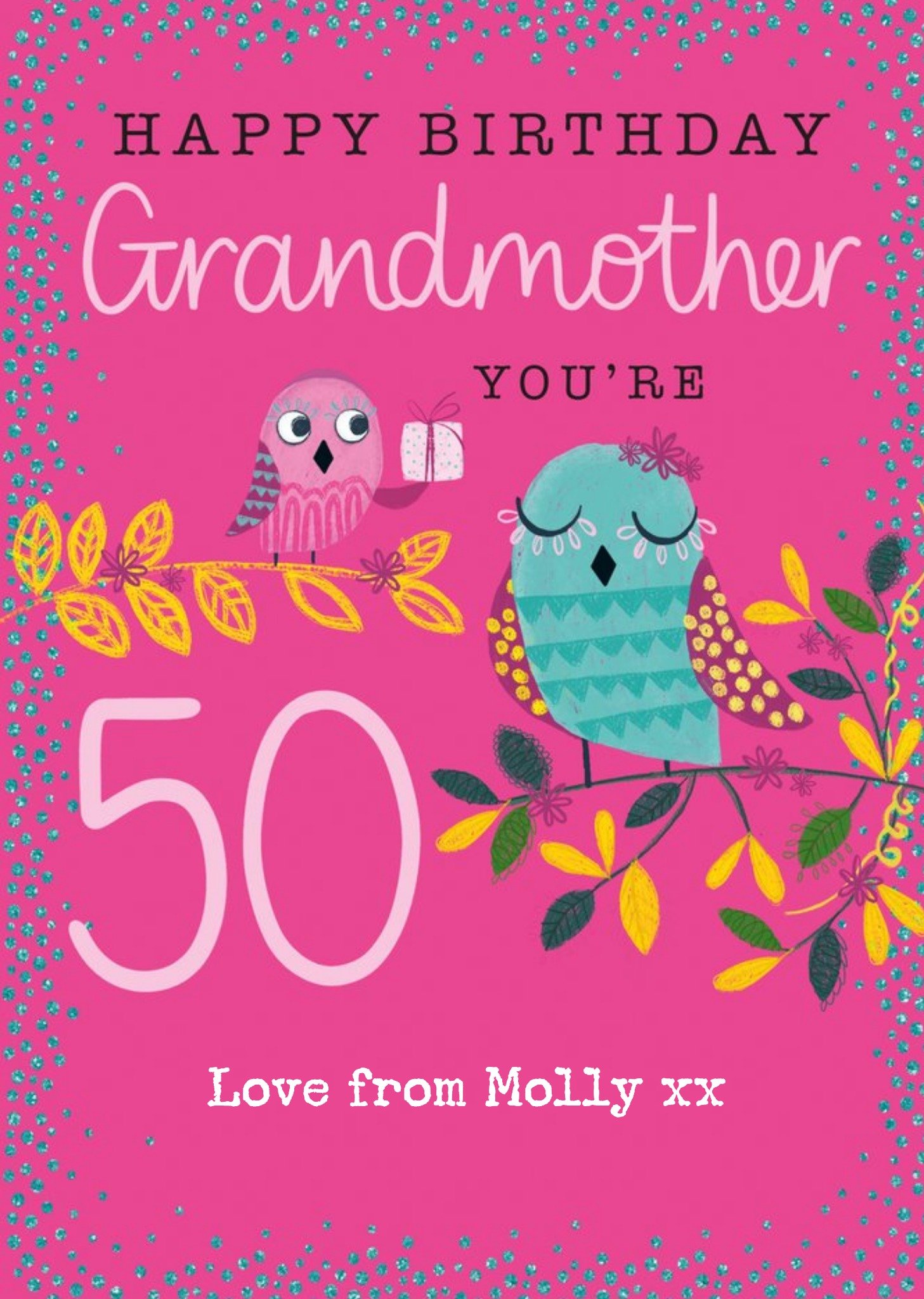 Moonpig Bright Illustration Of Two Owls Happy Birthday Grandmother You're 50 Card