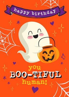 Happy Birthday You BooTiful Human Illustrated Ghost Halloween Birthday Card