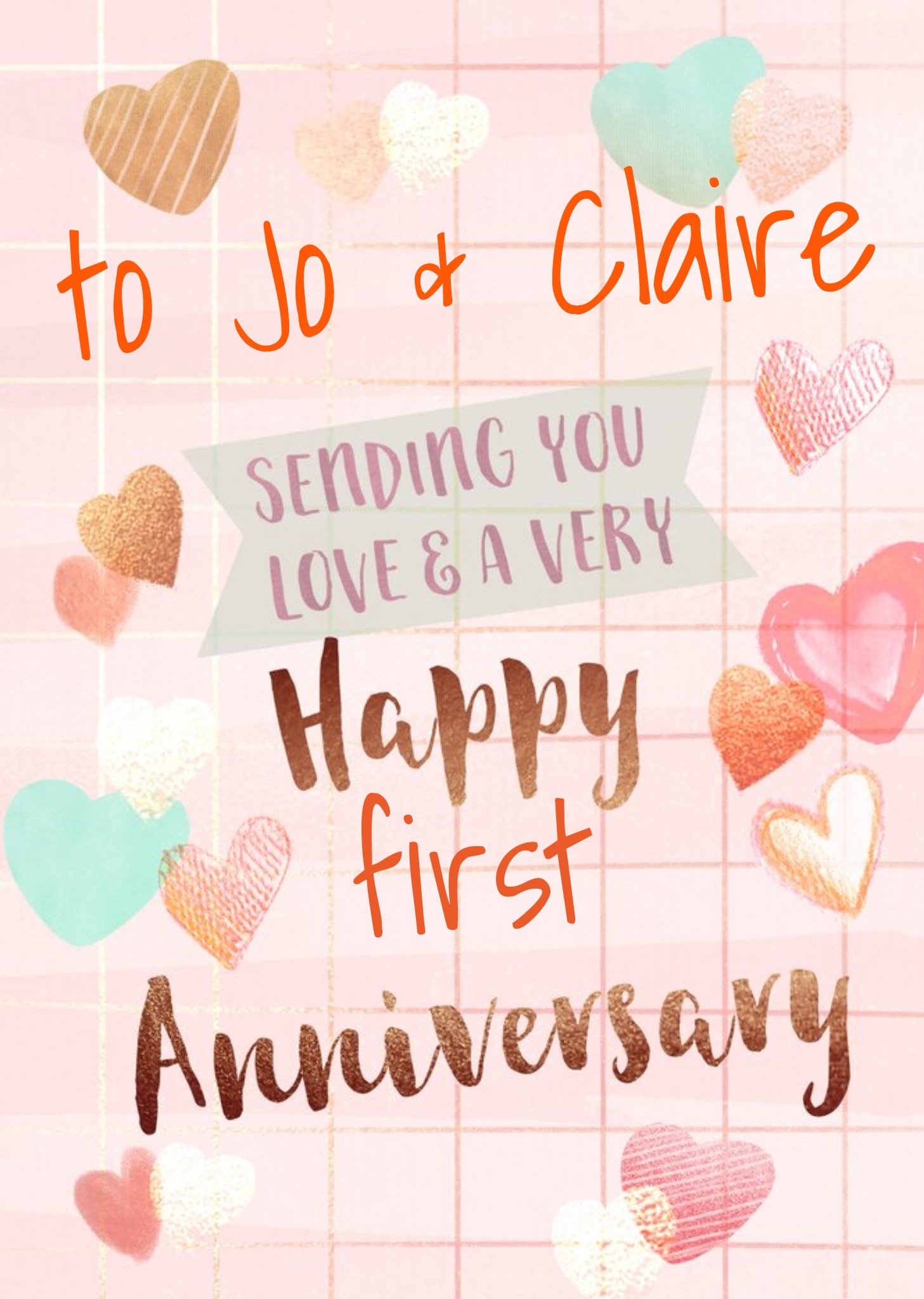 Moonpig Handwritten Typography Surrounded By Hearts On A Pink Background Happy First Anniversary Car