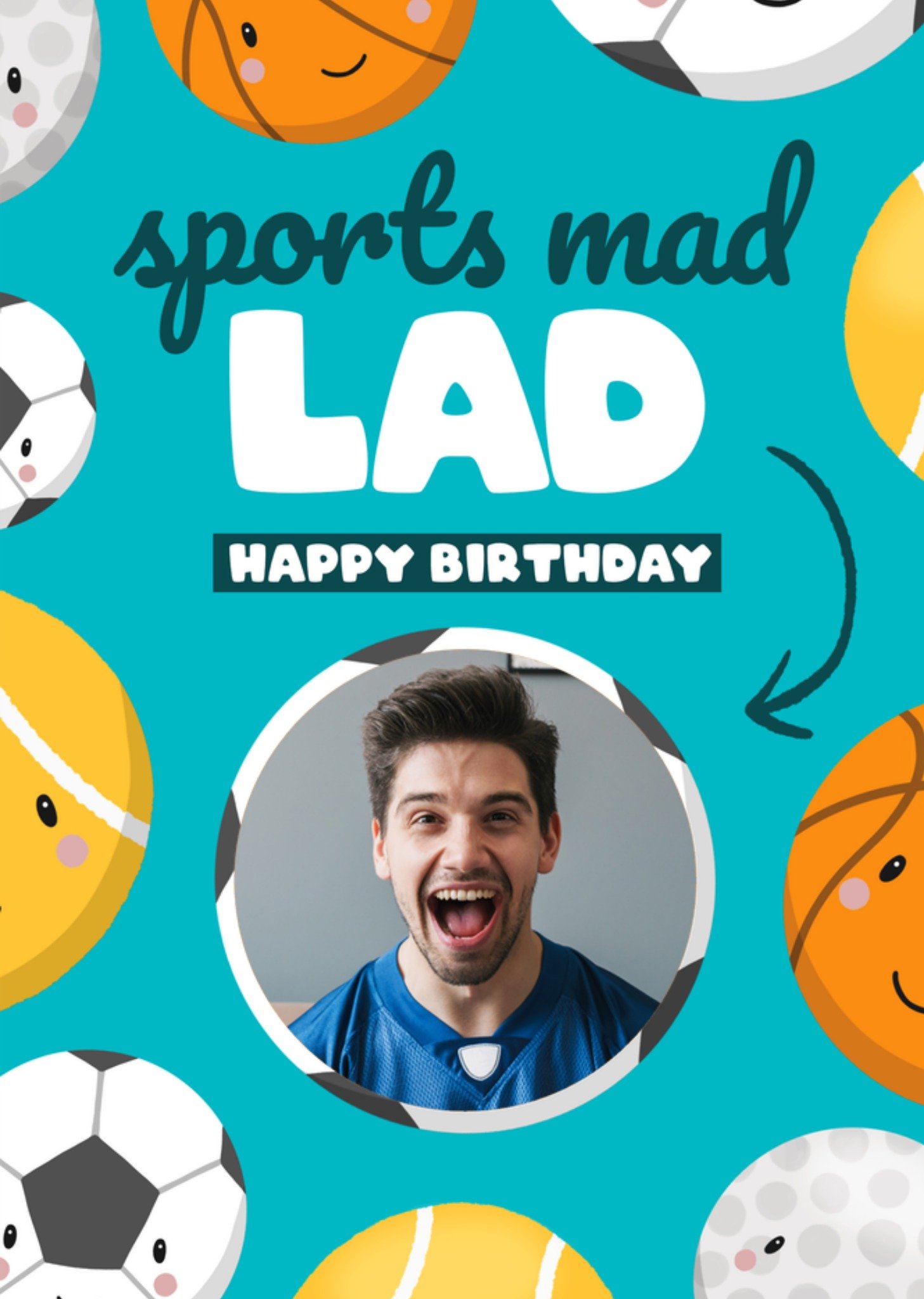 Moonpig Bev O'connor Sports Mad Lad Illustrated Sports Balls Photo Upload Birthday Card