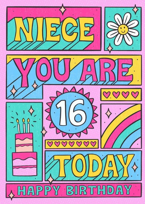 Fun Illustration Typographic Happy Birthday Niece You Are 16 Today Birthday Card