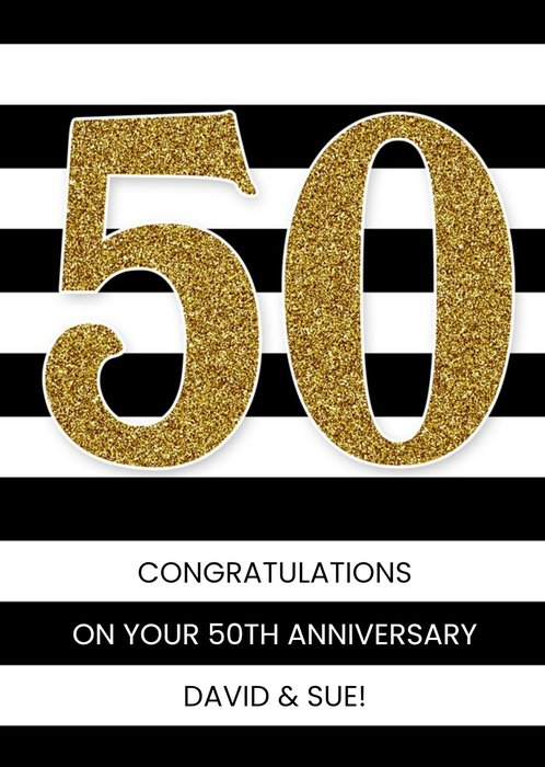 Black And White Stripes With Glitter Number Personalised 50th Anniversary Card