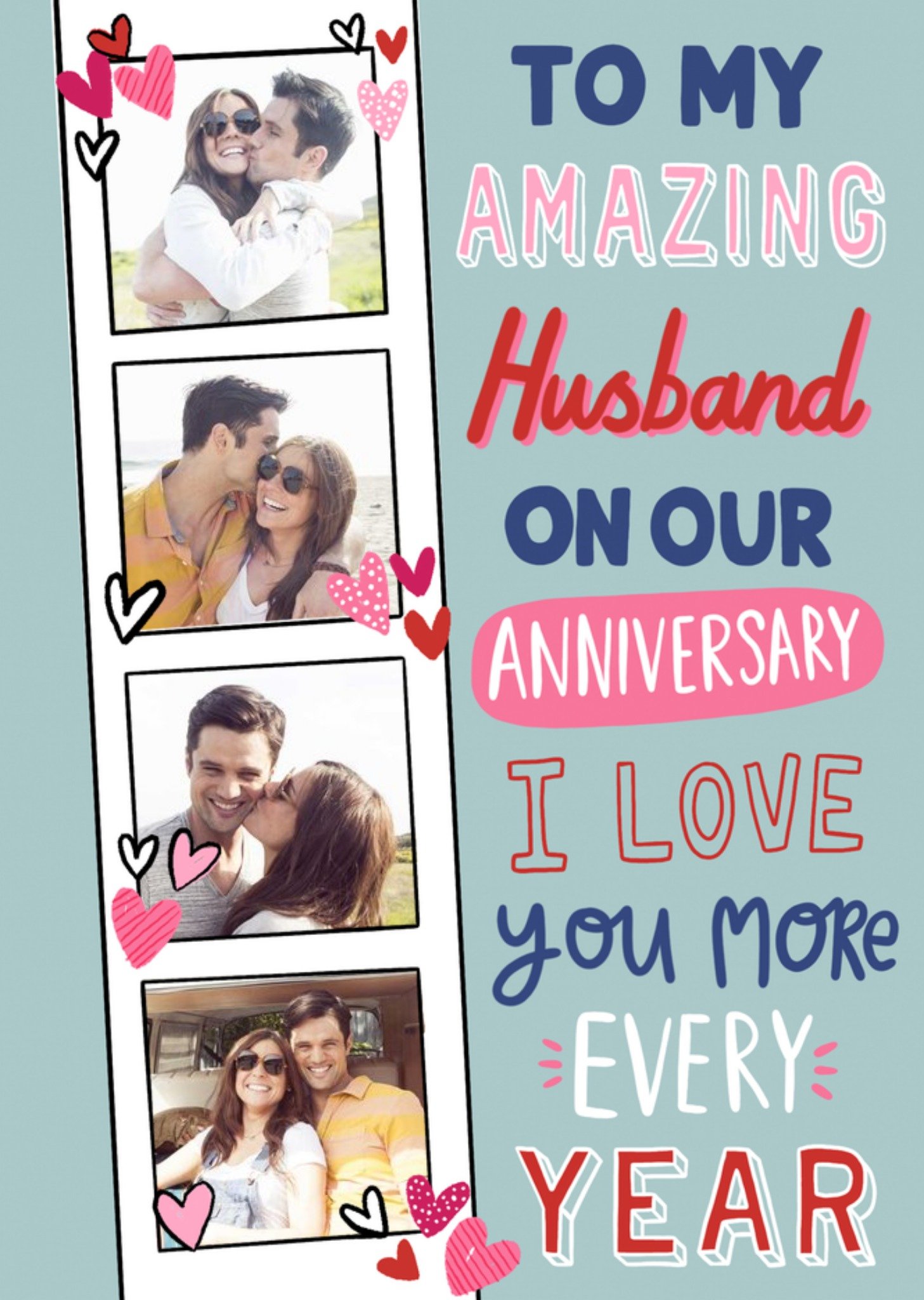 Moonpig Photo Strip With Hearts And Various Typography Husband's Photo Upload Anniversary Card
