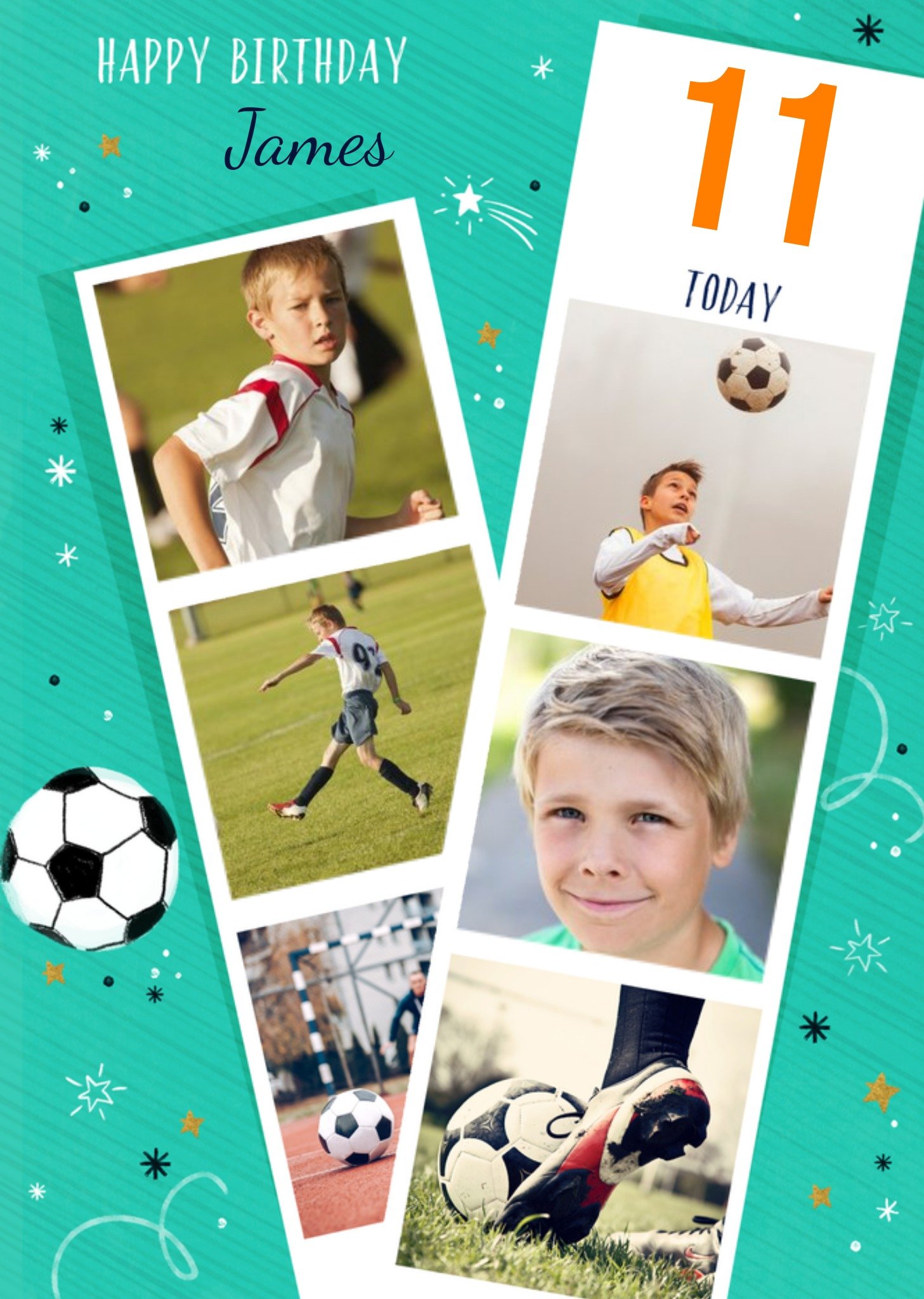Moonpig Colette Barker Green Illustrated Football Doodle Customisable Photo Strip Birthday Card