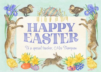 Traditional Painted Floral Easter Animals Card For A Special Teacher