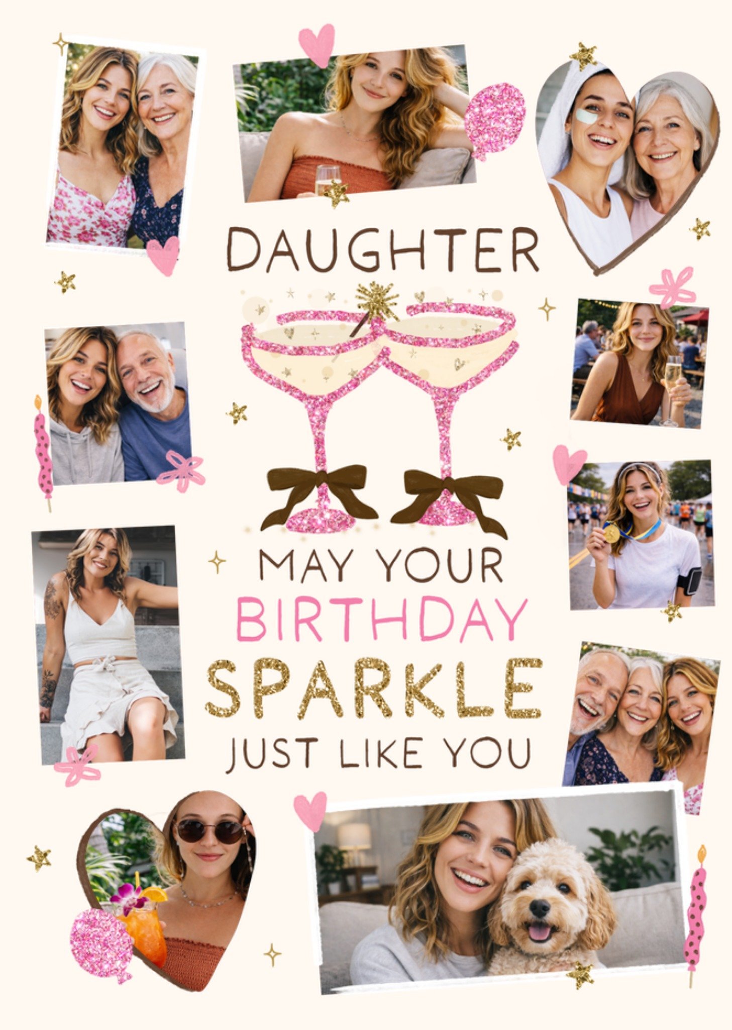 Moonpig Illustrated Sparkling Champagne Glasses Photo Upload Daughter Birthday Card