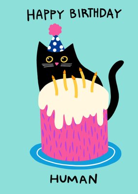 Cute Illustrated Cat Happy Birthday Human Card