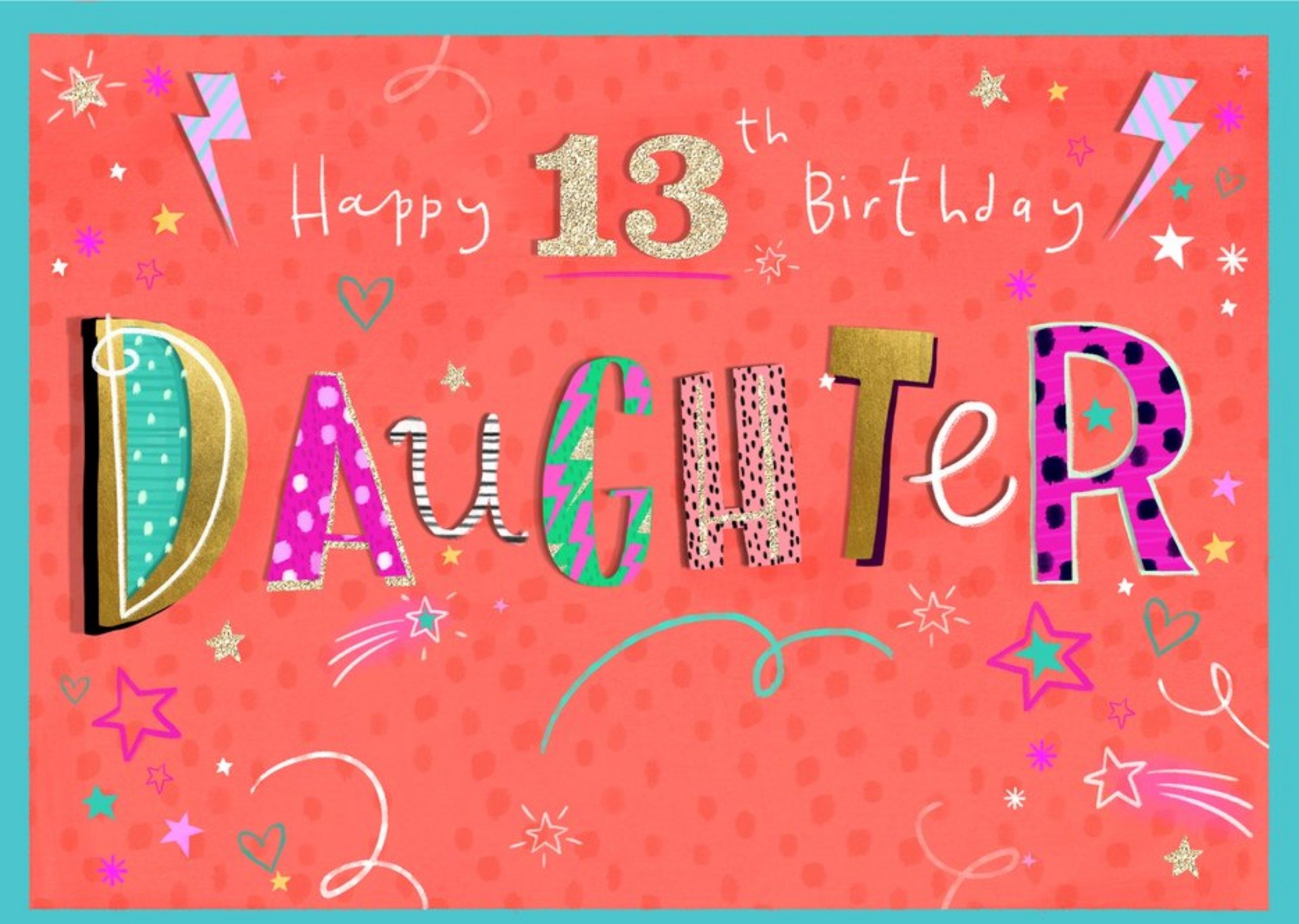 Moonpig Cute Illustration Typographic Happy 13Th Birthday Daughter Card