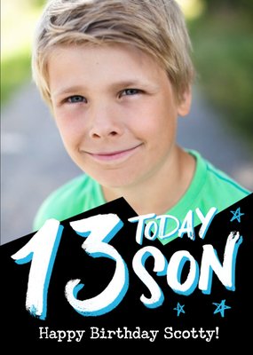 Bright Typographic Photo Upload Son 13th Birthday Card