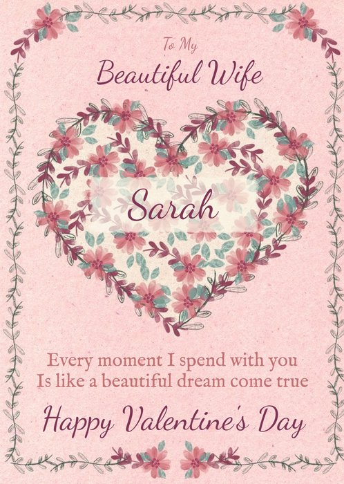 Floral Heart To My Beautiful Wife Valentines Day Card