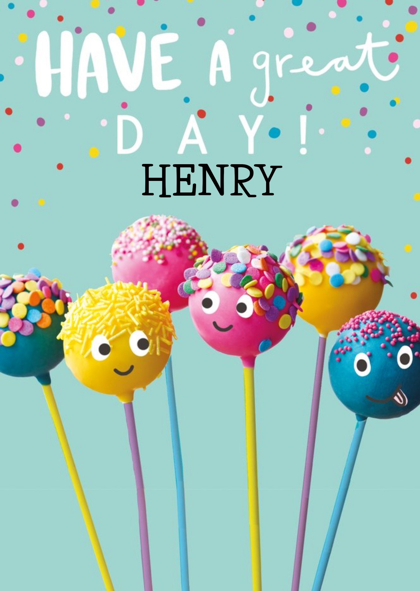 Moonpig Colourful Cake Pop Characters On A Teal Background Birthday Card