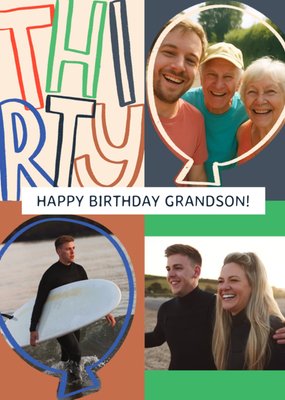 Grandson Thirty Bold Typography Photo Upload Birthday Card